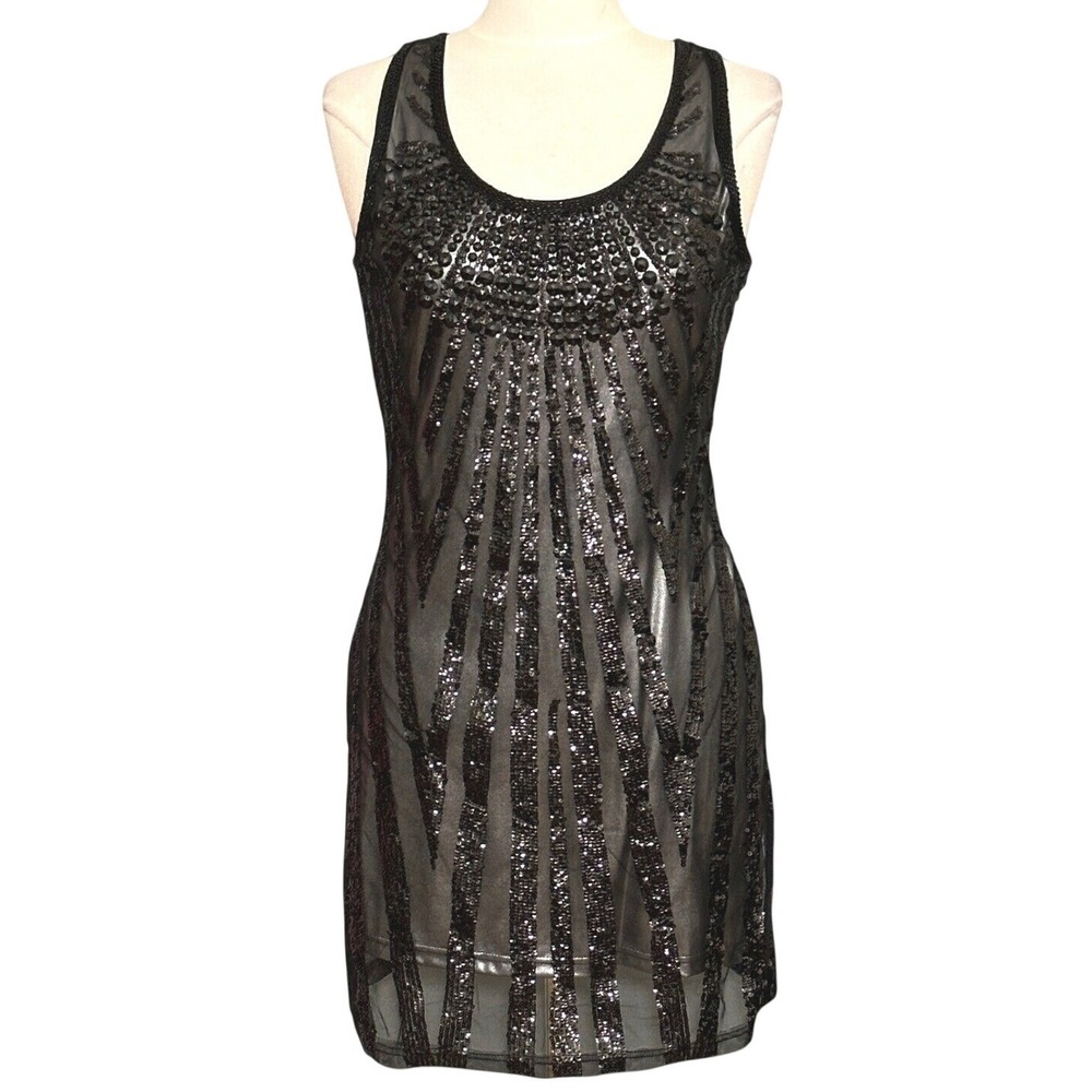 Verty Womens Dress L Black Silver Lined Sequin Beaded Art Deco Glam Metallic NYE